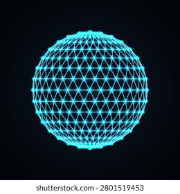 A glowing blue wireframe globe made of interconnected nodes, representing data, technology, and connectivity.