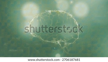 Glowing brain network pulsing in digital data over green-teal grid, with circuits and nodes. Neural, circuitry, connections, glow, luminous, hexagonal, honeycomb