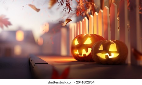 Glowing candle lit Jack O Lantern Halloween pumpkin decorations outside on a suburban street pavement at dusk. 3D illustration. - Powered by Shutterstock