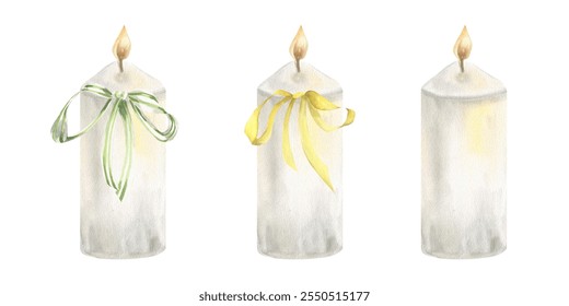 Glowing candles watercolor set with white wax elements and colorful bows decorations illustration.Hand drawn set with cozy interior clipart. Religion,wedding symbol,christening invitation, card decor. - Powered by Shutterstock