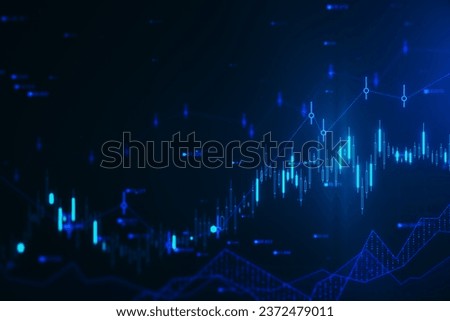 Glowing candlestick forex chart and index hologram on blurry wallpaper. Trade and stats concept. 3D Rendering