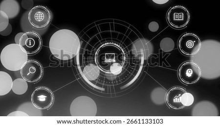 Glowing central circular interface containing laptop icon on dark backdrop with radial info icons. Technology, innovation, connectivity, digital, futuristic, data visualization, network