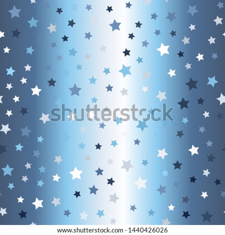 Glowing chaotic star pattern. Seamless magic background - blue, gray and white stars on gradient backdrop