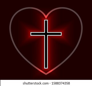 Glowing Christian Cross and Heart isolated over black background. Fire cross, holy cross drawing.