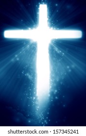 glowing christian cross on a blue background with some glitters