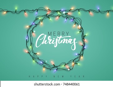 Glowing Christmas Lights Wreath For Xmas Holiday Greeting Cards Design.