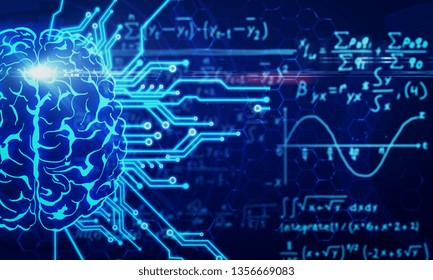Glowing circuit brain on blurry mathematical formulas background. AI and math concept. 3D Rendering 