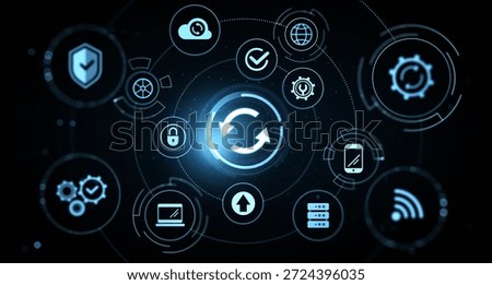 Glowing circular update icon with tech and cloud symbols in a futuristic interface style on a dark blurred background. Concept of digital synchronization. 3D Rendering