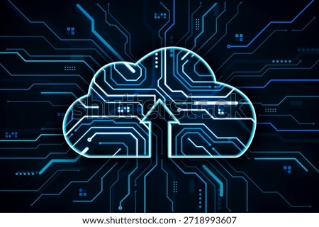 Glowing cloud icon with circuitry and arrow on dark abstract background, symbolizing cloud computing, data exchange, and digital infrastructure, 3D Rendering