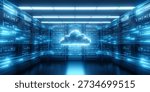Glowing cloud symbol data center server room, blue digital lines connecting racks. Represents cloud computing, network technology, data storage, global connection, AI, security, innovation