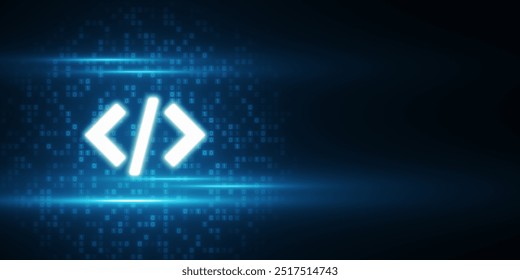 Glowing coding icon on a digital binary background in a dark setting. Concept of programming and software development. 3D Rendering