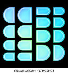 Glowing Colorful Light Blue Glass Set Of Bullet Or Tab Shape Elements In A Type Illustration With A Bright Sunlit Blue Gradient Color Style Isolated On A Black Background