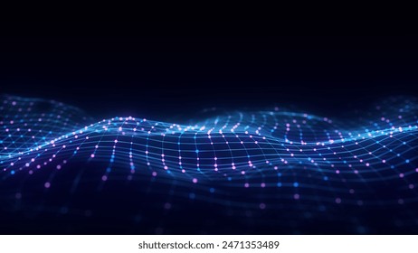 Glowing colors wave with motion dots and lines. Abstract digital background. Concept connection big data. Futuristic technology backdrop. 3D rendering.