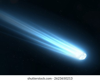 Glowing comet with a long tail. Falling star against the background of space. Comet in the night sky 3d illustration.