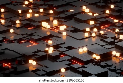 Glowing Cubes With Black Materials Science And Technology, 3d Rendering. Computer Digital Drawing.