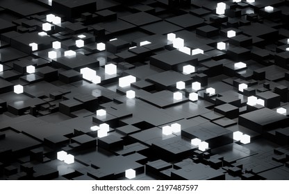 Glowing Cubes With Black Materials Science And Technology, 3d Rendering. Computer Digital Drawing.