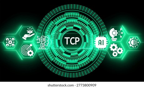 Glowing cyan digital interface displaying the acronym tcp at the center surrounded by intricate circular patterns and hexagonal representing artificial intelligence and data