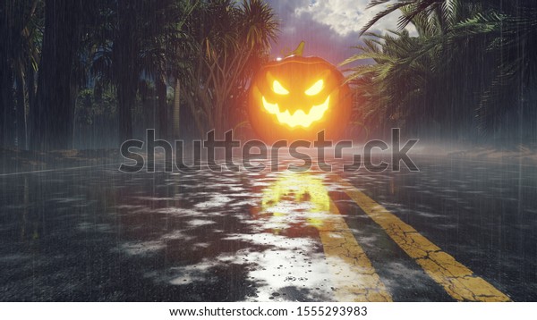 Glowing in the dark pumpkin, dark forest,\
Halloween celebration. Night landscape with mystical fog, rainy\
road, glowing scary pumpkin in a foggy night in the forest on a wet\
track. 3D\
Rendering