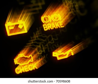 glowing dashboard signs on black background