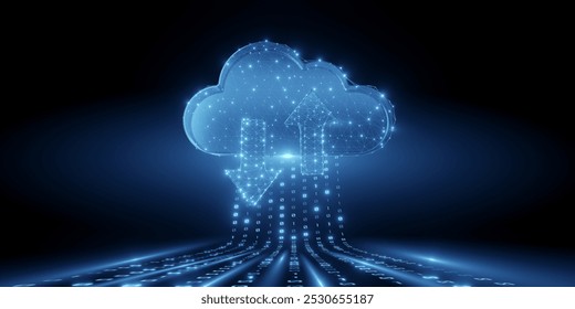 Glowing digital cloud with binary code and arrows symbolizing cloud computing, data transfer, storage, and online services in a futuristic setting. - Powered by Shutterstock