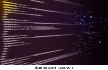 Glowing digital code on a dark background.