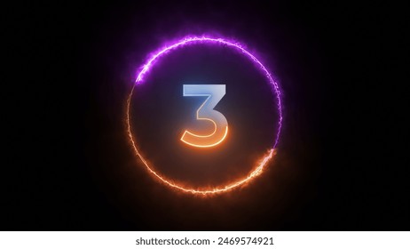 A Glowing Digital Countdown Circle With the Number Three.