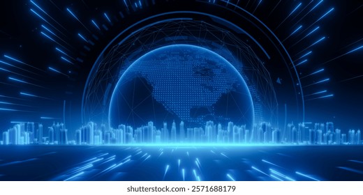 A glowing digital globe with data points above a futuristic cityscape, featuring light streaks and abstract technological elements.