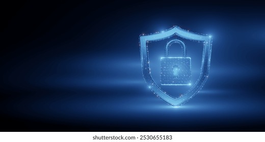 Glowing digital shield with a lock representing cybersecurity, data protection, and secure systems in a futuristic online environment.
