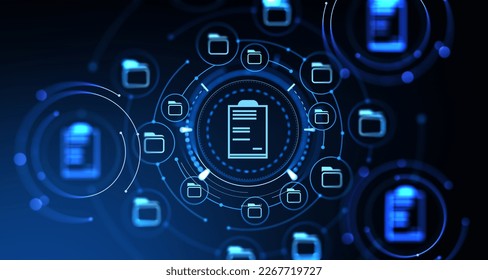 Glowing document management system hologram circuit, icons of files, folders and contract. Concept of online database and business documents storage