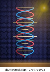 A glowing double helix structure composed of intertwined red and blue strands with horizontal rungs in yellow and green floats against a dark geometric patterned background illuminated by a warm golden light flare.