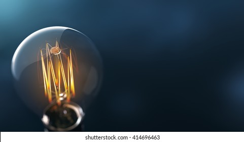 Glowing Edison light bulb on blue background - 3D Rendering