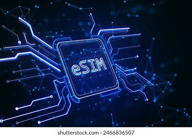 A glowing eSIM concept on a digital circuit background, highlighting technology and communication. 3D Rendering