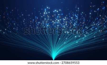 Glowing fiber-optic inspired data flow bursting outward, representing high-speed communication, big data transfer, AI networks, and advanced digital connectivity. 