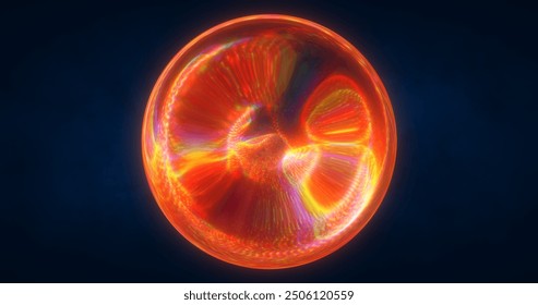 A glowing, fiery orange orb sphere with dynamic, swirling patterns, set against a dark backdrop. Perfect for concepts related to energy, sci-fi, or abstract design.