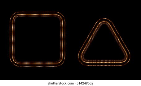 Glowing frames on black background. Square glow borders. Sparkling geometric light banner. Luminous triangle light shape.
Shining triangular forms. Neon sign. Bright sign with flares and sparkles. LED