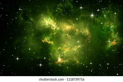 Glowing giant green blob of gas and dust in deep space, Lyman-alpha radiation. 3D illustration