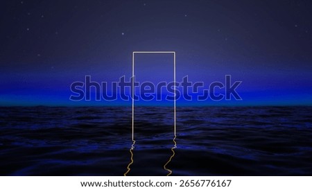 Glowing golden rectangular portal rises from the surface of a dark blue ocean at night, under a starry sky, creating a surreal and mysterious atmosphere