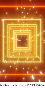 Glowing golden square tunnel frames with light particles, creating a futuristic abstract corridor and geometric portal background.