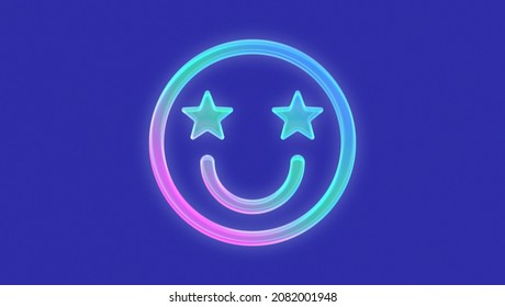 Glowing And Gradient Smiley Face With Star Eyes, Purple Grain Background. Cyber Tecno Aesthetic For Background, Banner And Post.