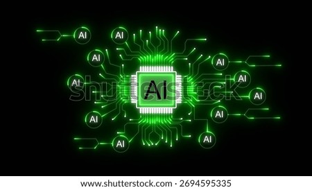 Glowing green artificial intelligence circuit board with central processor and connected nodes on black background