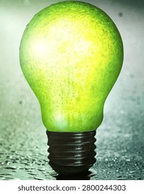 Glowing green light bulb representing renewable energy, environmental awareness and sustainable innovation.