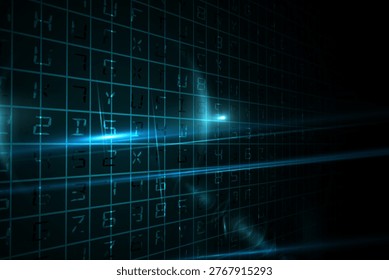 Glowing grid of alphanumeric characters is floating with blue beams over dark void in 3D interface. Futuristic, digital, immersive, cyber, technology, virtual, neon