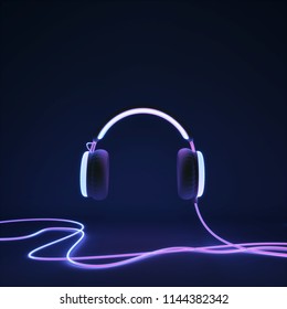 Glowing Headphone Neon On Dark Background. 3d Render