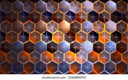 Glowing hexagons and light rays abstract pattern background.