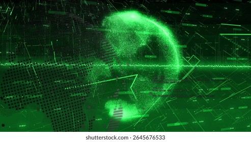 Glowing holographic green sphere floating in data network, with data particles and numeric overlays. Futuristic, technology, digital, cyber, innovation, interface, abstract