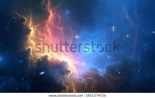 Glowing huge nebula with young stars. Space\
background, 3d\
illustration