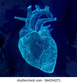 Glowing Human Heart Illustration Digital X-ray Scan On Dark Background.