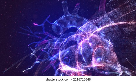 Glowing Human Heart Made Of Neon Particles. Bright Magic Heart Health Concept Art In Modern Abstract Style Consists Of Colorful Dots. 3d Illustration.