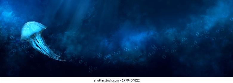 Glowing jellyfish underwater. Digital Artwork. Deep blue colors.