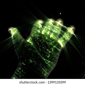 Glowing Kirlian Aura Photography With Green Corona Of A Male Human Hand